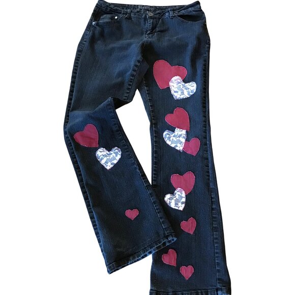 Upcycled Patchwork Jeans, Size 12:  Handmade Burgundy/Lace Patches, Black Denim - Picture 1 of 13